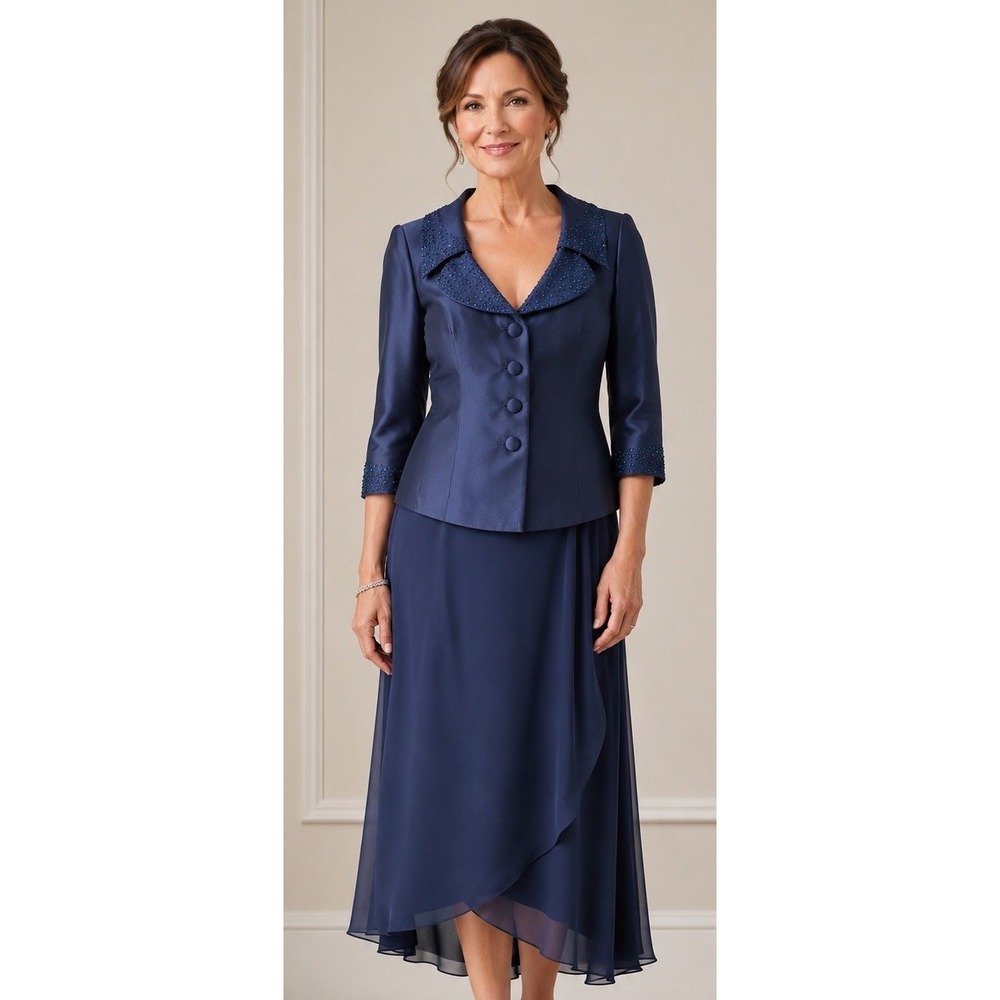 Vtg Talbots Blue Silk Beaded  Collar Jacket Formal Mother Of Bride Size 14P